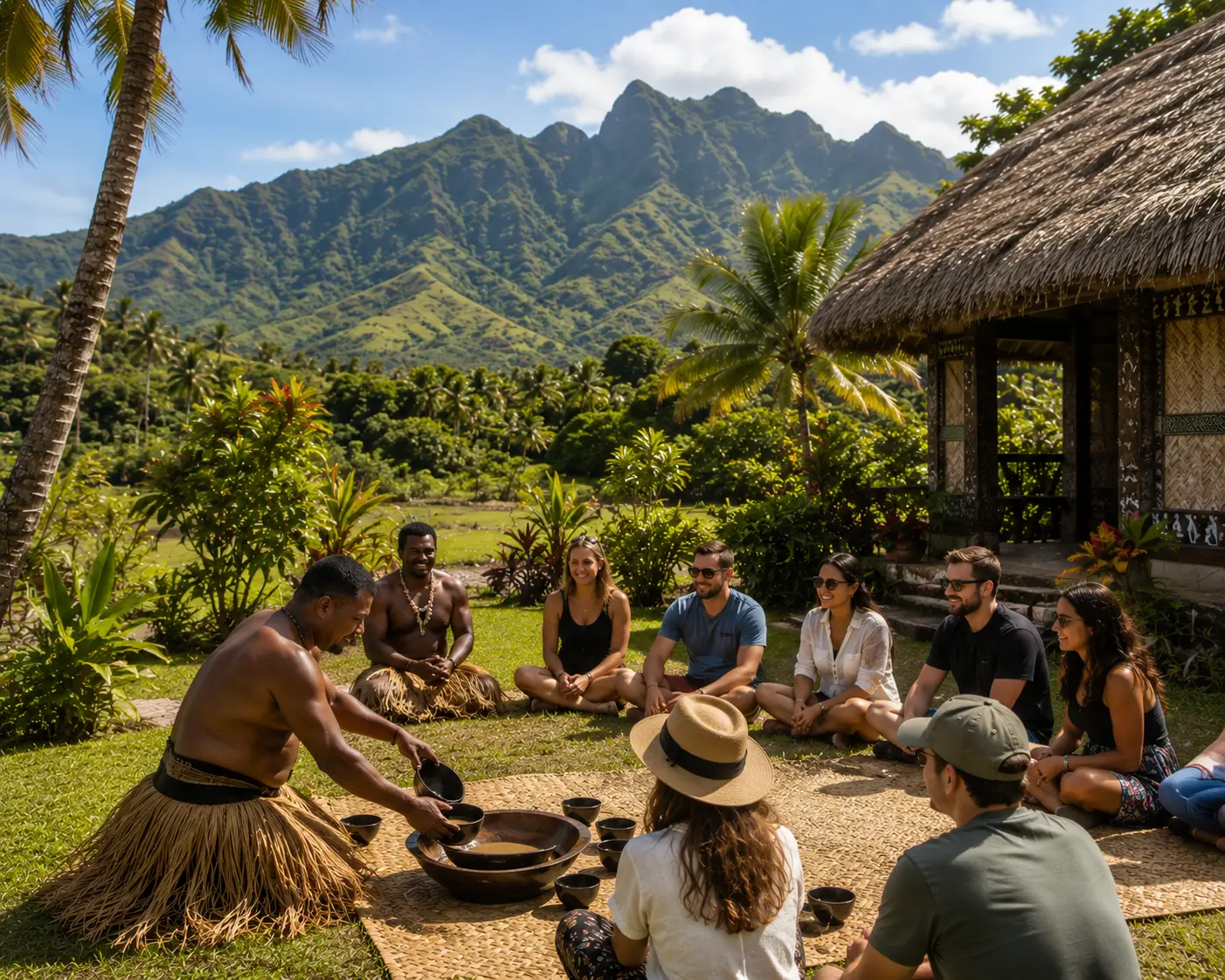 A village host mixing kava in a carved wooden bowl for visitors seated on a mat, with a thatched bure and the mountains behind